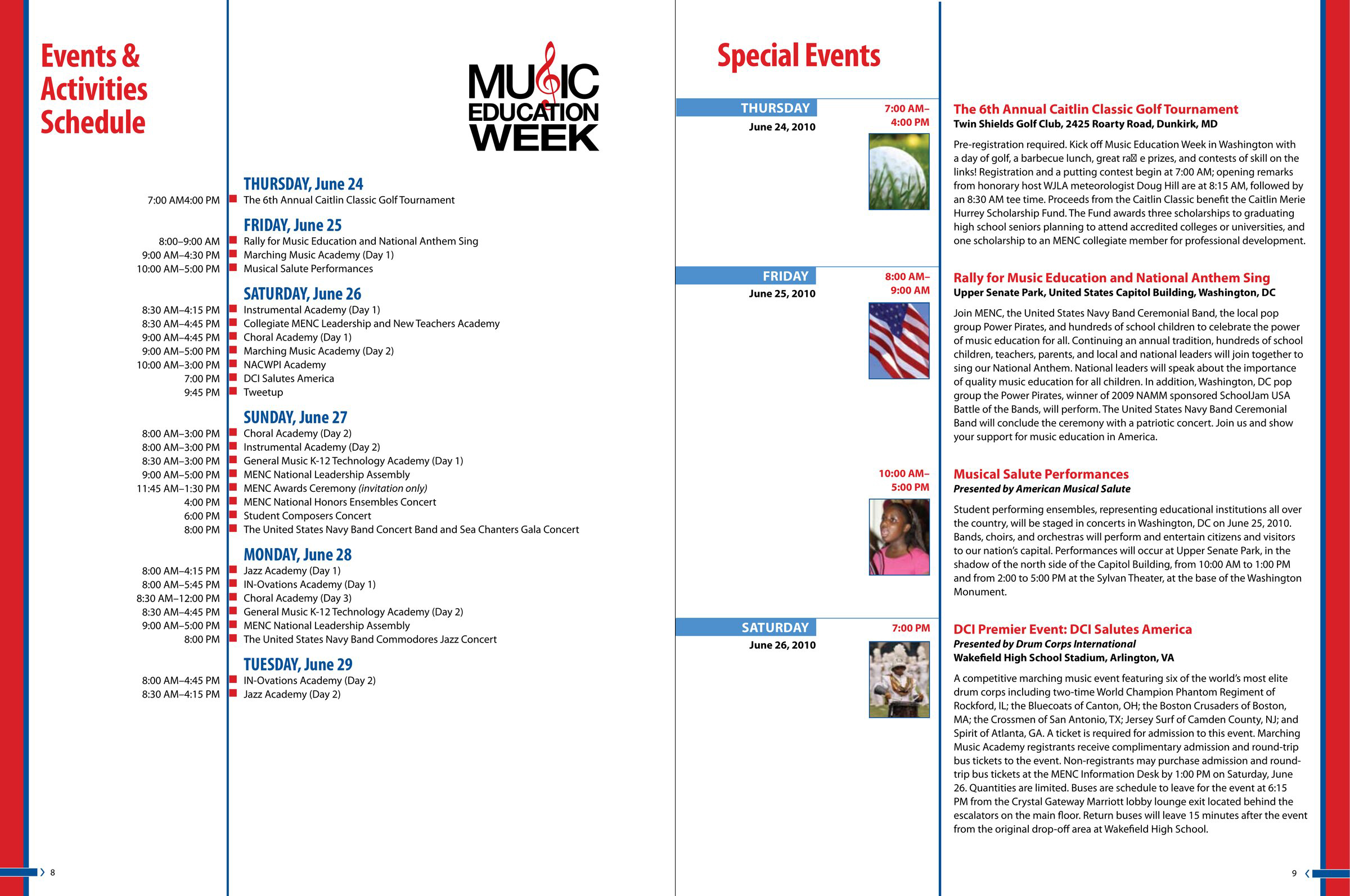 Events schedule and special events, pages 8–9.